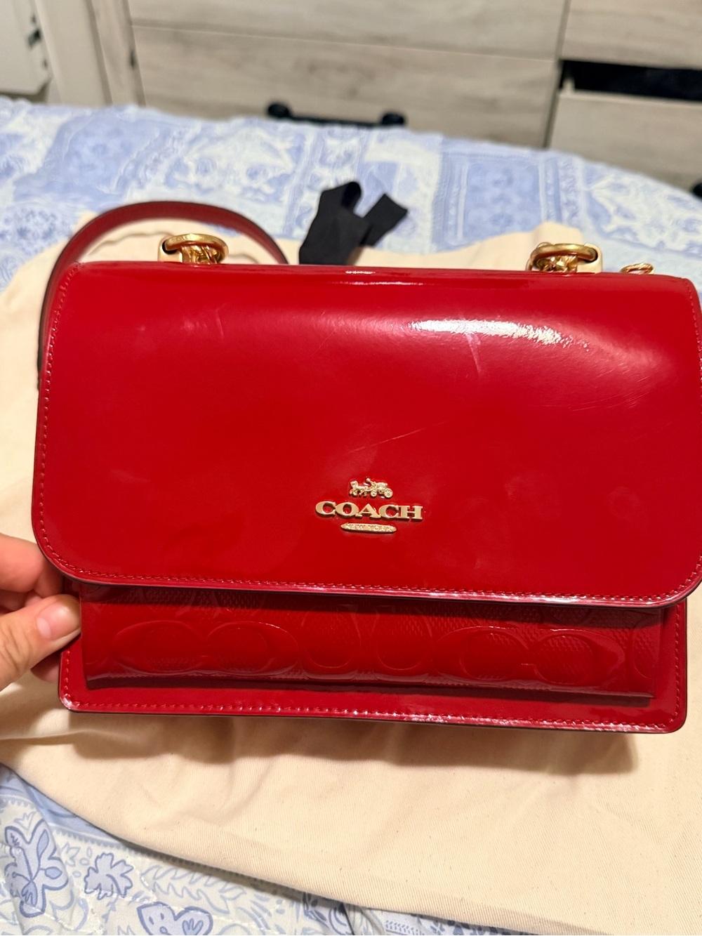 Coach Red Patent Leather Logo Crossbody with Gold Hardware